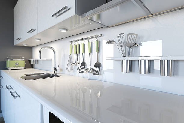 3d image of a modern white kitchen clean interior design